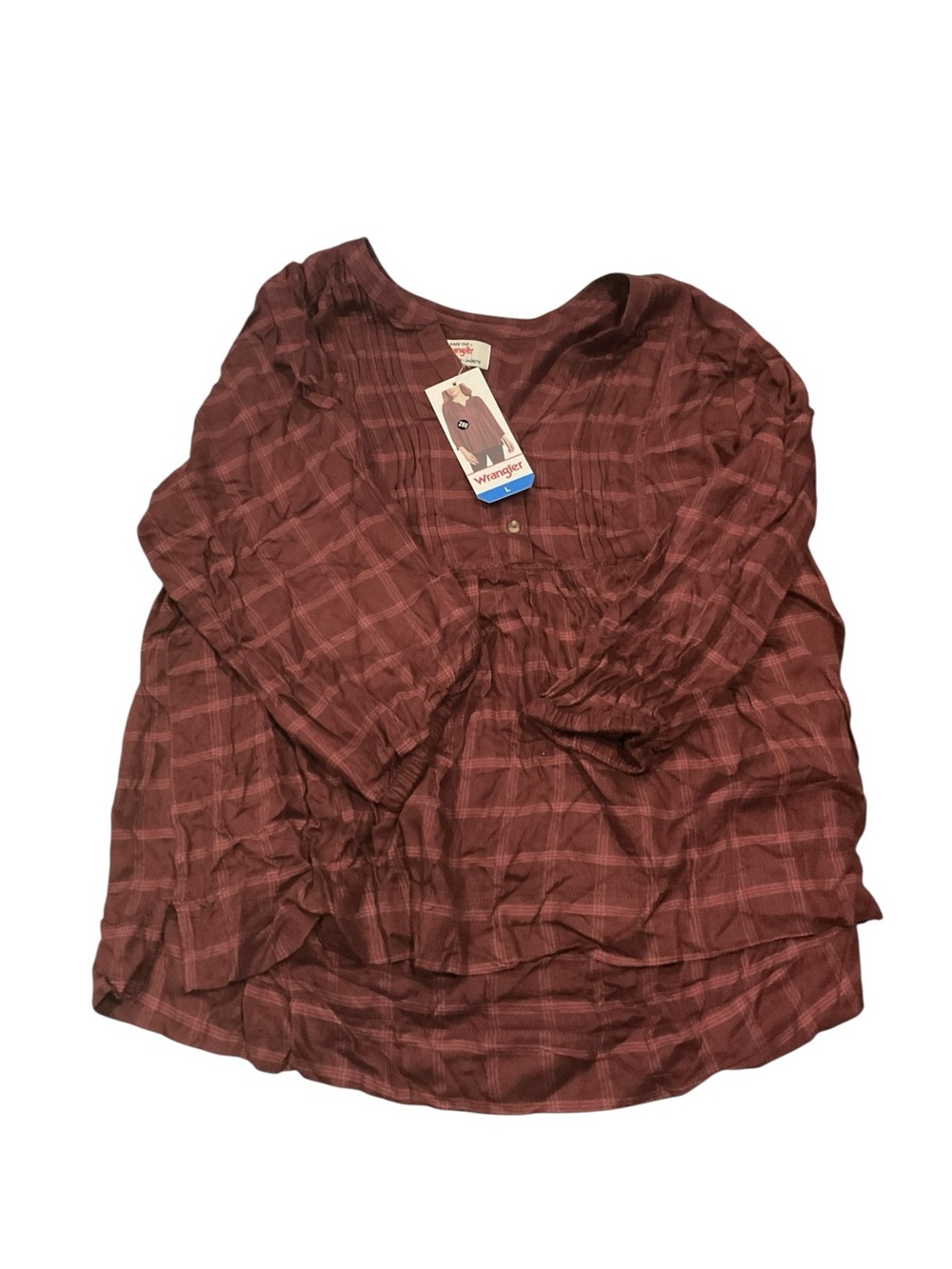 Wrangler Women's Rust Plaid V-Neck Peasant Blouse Large